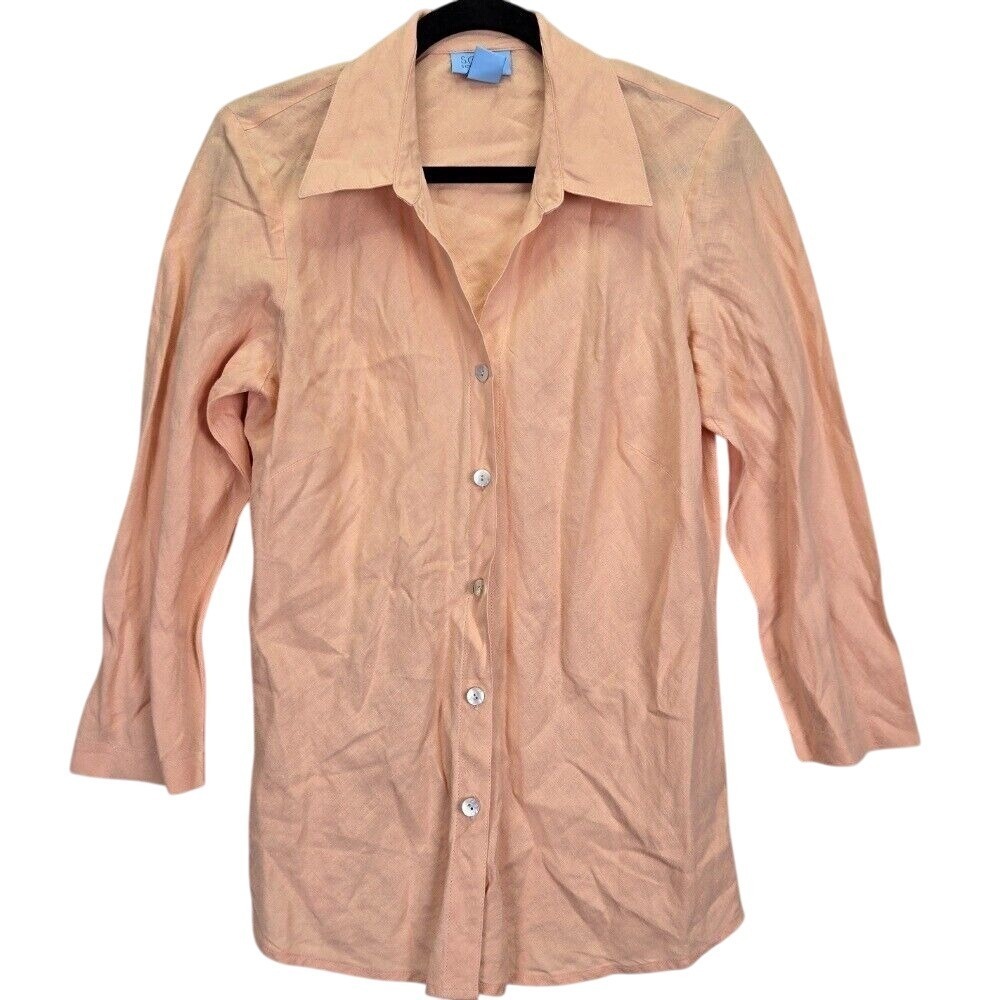SO blue Sigrid Olsen 100% Linen Button Up Women Shirt Medium Peach Beach Minimal